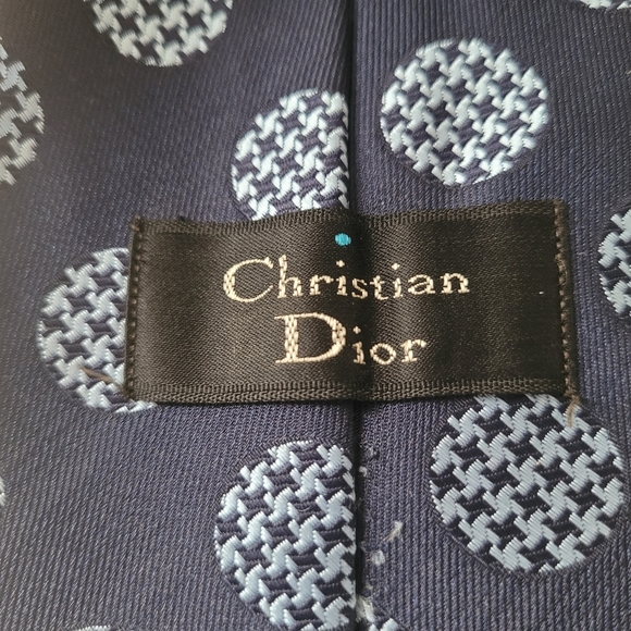 CHRISTIAN DIOR Navy Blue Vintage Tie with Light Blue Circles, Golf Balls - Picture 8 of 8